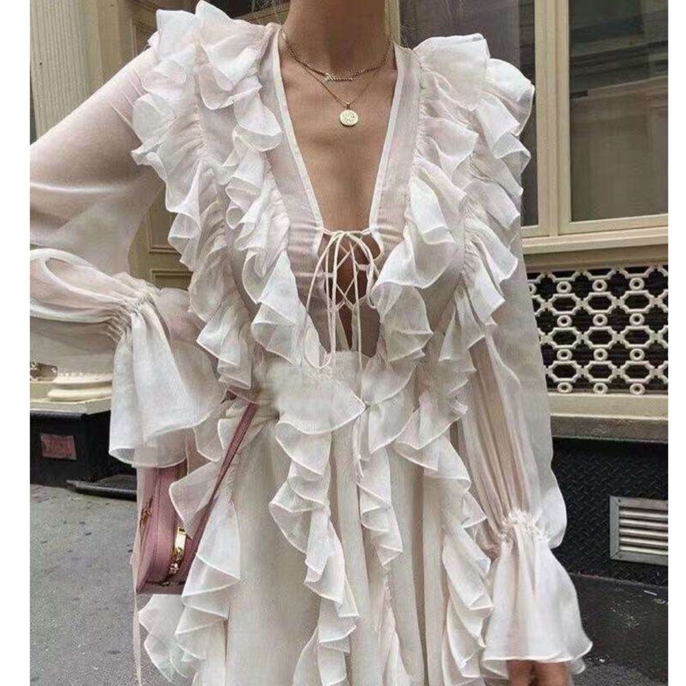 Dress lace up ruffle chic summer spring cream womens lace up - Picture 6 of 15